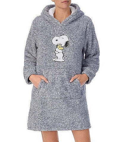Peanuts Plush Snoopy and Woodstock Applique Hooded Long Sleeve Lounge Pullover