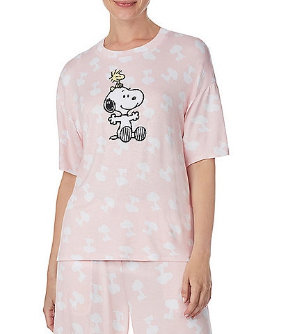 Peanuts Short Sleeve Round Neck Coordinating Snoopy Print Jersey Knit Sleep Shirt