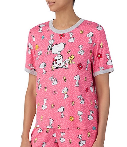 Peanuts Short Sleeve Round Neck Knit Coordinating Snoopy Floral Sleep Top