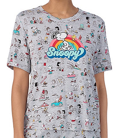 Peanuts Short Sleeve Round Neck Knit Snoopy Beach Printed Coordinating Sleep Top
