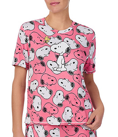 Peanuts Short Sleeve Round Neck Knit Snoopy Print Coordinating Sleep Top