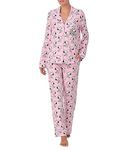 Peanuts Snoopy Print Knit Long Sleeve Notch Collar Long Pajama Set