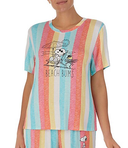 Peanuts Striped Print Short Sleeve Jewel Neck #double;Beach Bum#double; Coordinating Knit Sleep Top