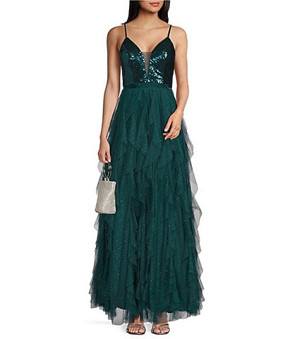 Pear Culture Deep V-Neck Sequin Lace-Up Back Corkscrew Ruffled Dress
