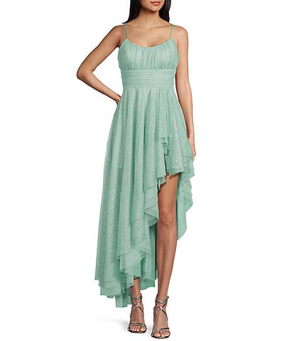 Pear Culture Glitter Mesh Scoop Neck Asymmetrical High Low Hem Dress