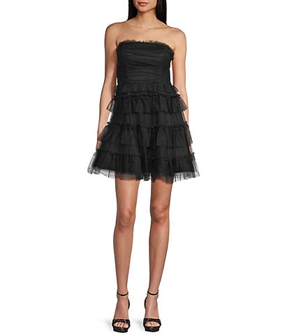 Pear Culture Mesh Strapless Fit-And-Flare Tiered Mini Dress