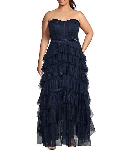 Pear Culture Plus Size Strapless Lace-Up Back Tiered Dress