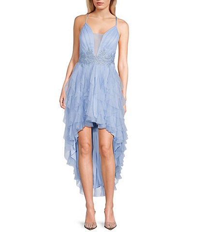 Pear Culture Spaghetti Strap Hi-Low Embroidered Applique Dress