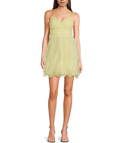 Pear Culture V-Neck Lace-Up Back Mesh Ruffle Dress