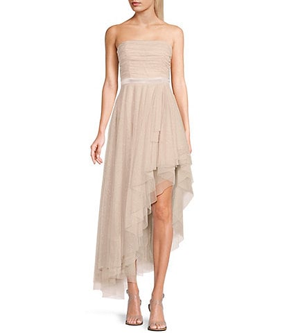 Pear Culture Strapless Lace-Up Back Asymmetrical Mesh Dress