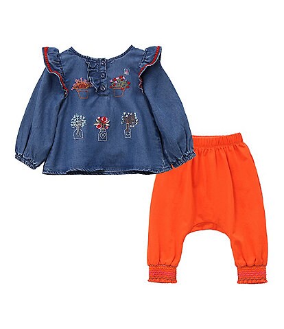 Peek Baby Girls 6-12 Months Embroidered Garden Ruffle Top & Jogger Pants 2-Piece Set