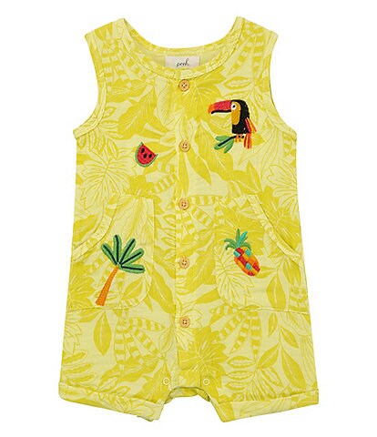 Peek Baby 6-24 Months Tropical Leaf Print Embroidered Gauze Rolled Hem Button Front Shortall