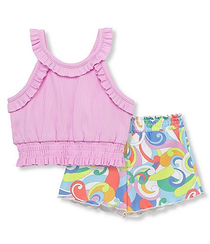 Peek Baby Girls 6-24 Months Sleeveless Ruffled Solid Knit Tank Top & Printed Shorts Set