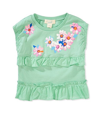Peek Little Girls 2T-8 Cap Sleeve Sequin Floral Graphic Ruffle Top