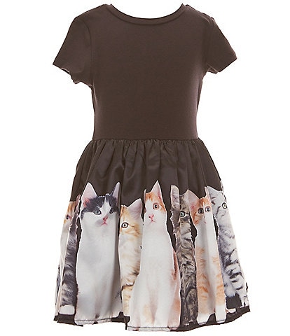 Peek Little/Big Girls 2T-10 Short Sleeve Kitten Print Border-Hem Knit-To-Woven Fit & Flare Dress