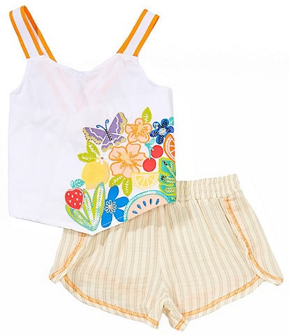 Peek Little/Big Girls 2T-8 Sleeveless Floral-Embroidered Pointed-Hem Tank Top & Striped Shorts Set