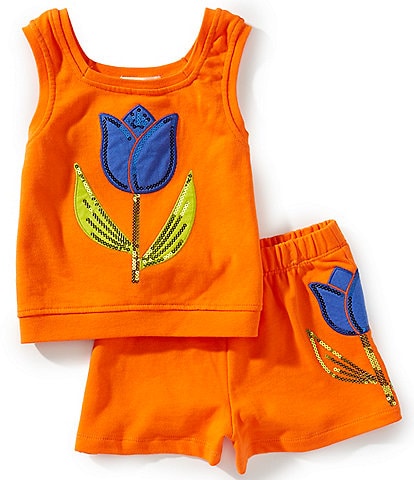Peek Little/Big Girls 2T-8 Sleeveless Sequin-Embellished Flower-Motif Tank Top & Matching Flower-Motif Shorts Set