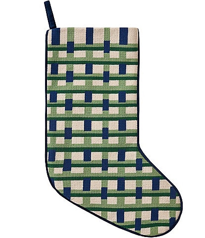 Peking Handicraft Abstract Blue Plaid Needlepoint Holiday Stocking