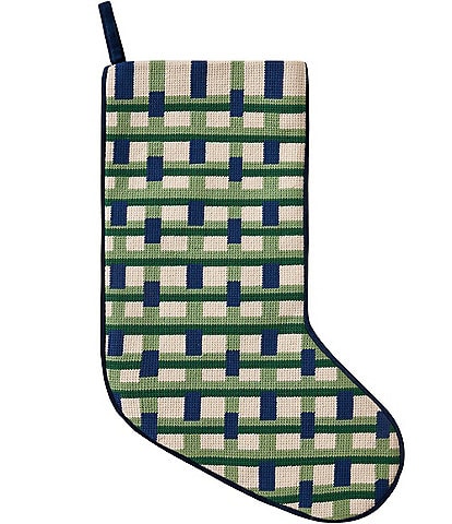 Peking Handicraft Abstract Blue Plaid Embroidered Needlepoint Holiday Stocking