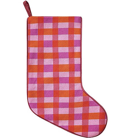 Peking Handicraft Abstract Plaid Pink Embroidered Needlepoint Holiday Stocking