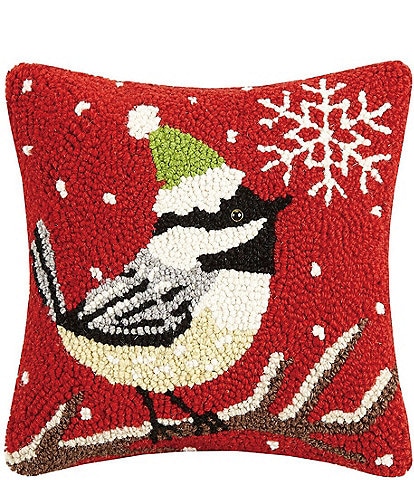 Peking Handicraft Chickadee with Snowflake Wool Hook Square Pillow