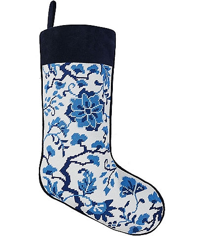Peking Handicraft Chinoiserie Flowers Embroidered Needlepoint Holiday Stocking