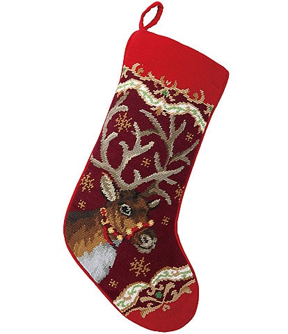 Peking Handicraft Christmas Deer Needlepoint Embroidered Holiday Stocking