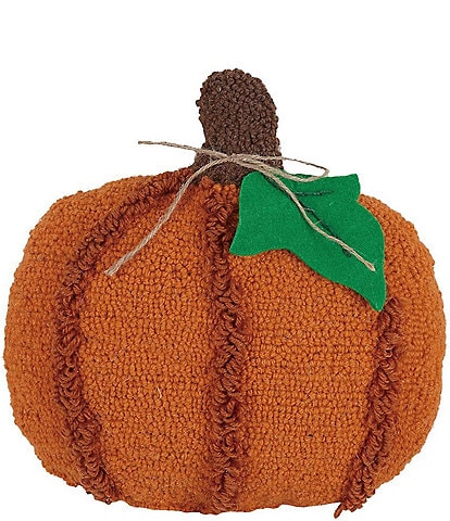 Peking Handicraft Fall Festive Collection Pumpkin with Applique Leaf Wool Hooked Pillow