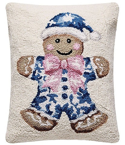 Peking Handicraft Holiday Collection Blue Chinoiserie Gingerbread Wool Hook Pillow