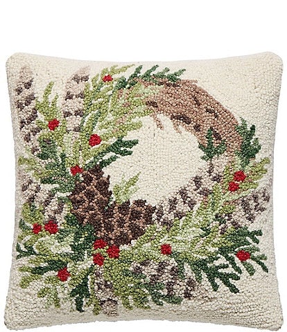 Peking Handicraft Holiday Collection Feather Wreath Wool Hook Pillow