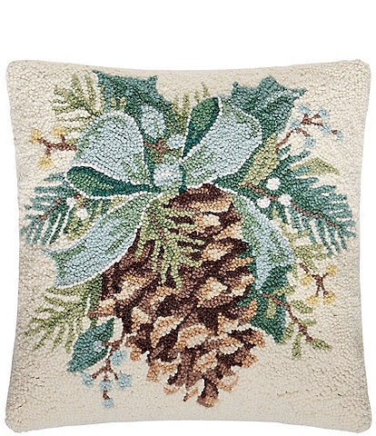 Peking Handicraft Holiday Collection Pinecone Bow Wool Hook Pillow