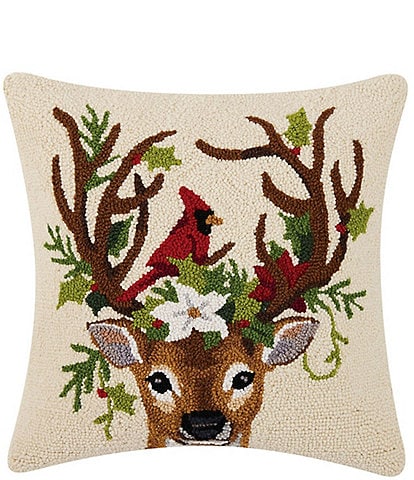 Peking Handicraft Reindeer and Cardinal Wool Hook Square Pillow