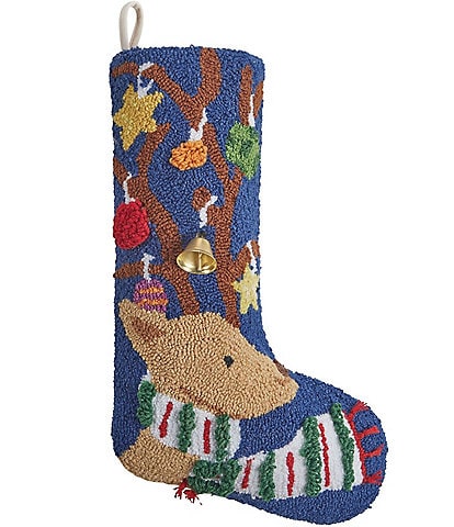 Peking Handicraft Reindeer with Bell Ornament Wool Hooked Holiday Stocking