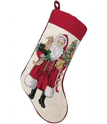 Peking Handicraft Santa and Black Puppy Needlepoint Holiday Stocking