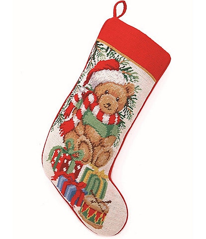 Peking Handicraft Teddy Bear Embroidered Needlepoint Holiday Stocking