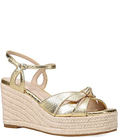 Pelle Moda Elbie Snake Embossed Metallic Leather Bow Platform Espadrille Wedge Sandals