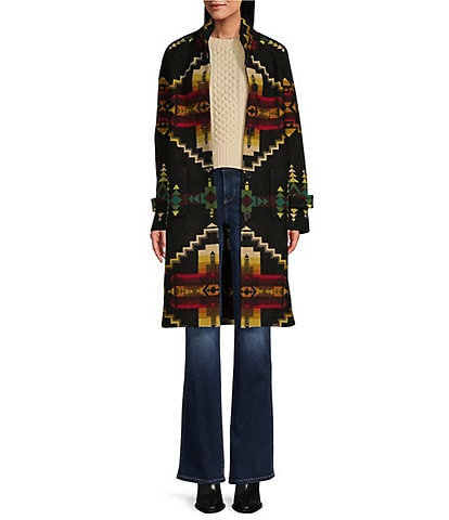 Pendleton Archive Jacquard Wool Blend Collared Long Sleeve Button Up Coat