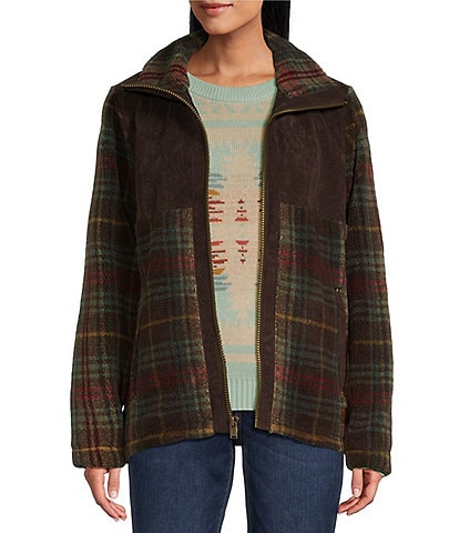 Pendleton Brown Teal Plaid Berber Fleece Stand Collar Weekender Coat