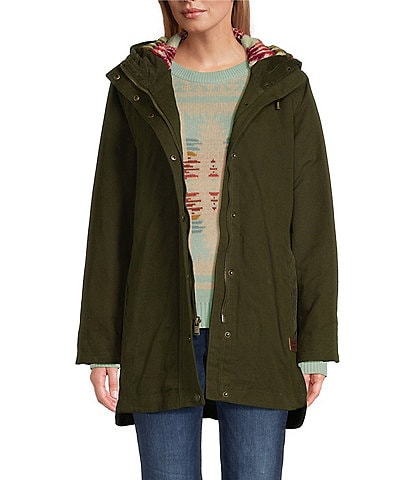 Pendleton Canvas Cord Trim Back Fleece Hooded Neck High-Low Hem Parka Coat