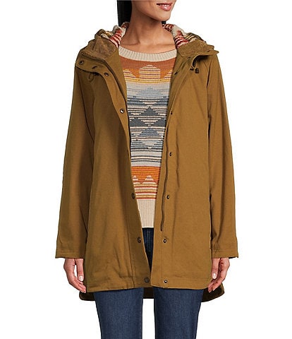 Pendleton Canvas Cord Trim Back Fleece Hooded Neck High-Low Hem Parka Coat