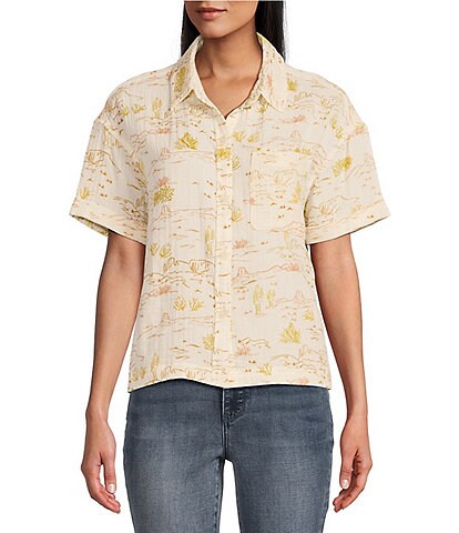 Pendleton Cotton Gauze Point Collar Short Sleeve Desert Motif Button Front Shirt