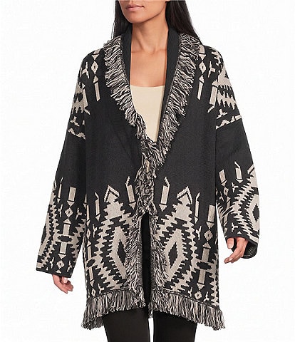 Pendleton Geometric Graphic Pattern Shawl Collar Long Sleeve Single Button Statement Sweater Cardigan