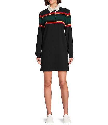 Pendleton Knit Collared Long Sleeve Rugby Stripe Dress
