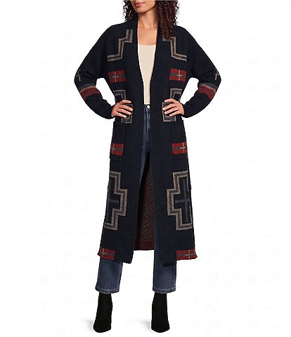 Pendleton Lambswool Geometric Print Open Front Long Sleeve Sweater Duster