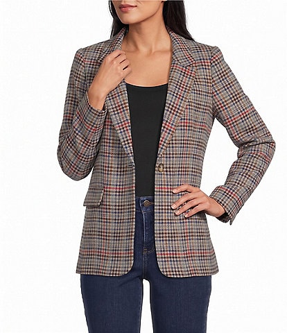 Pendleton Oregon Knit Tweed Plaid Check Notch Lapel Long Sleeve Single Button Blazer