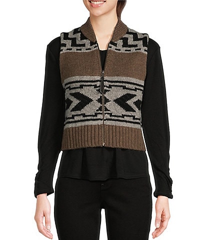 Pendleton Wool Geometric Print Shawl Collar Sleeveless Shetland Front Zip Vest