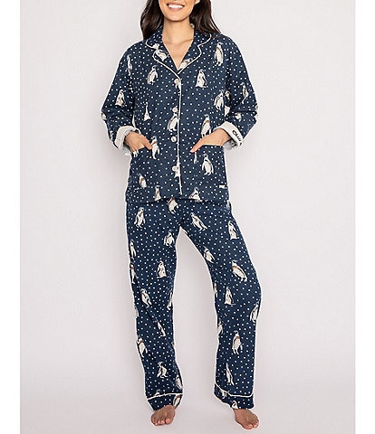 Penguin Print #double;Chill Out#double; Embroidered Long Sleeve Notch Collar Flannel Pajama & Headband Set