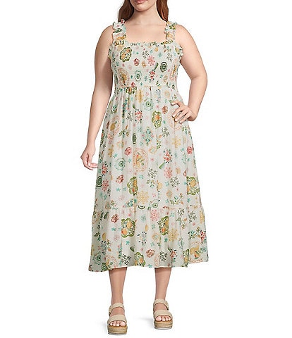 Perch By Blu Pepper Plus Fruit Print Smocked Sleeveless Midi Dress