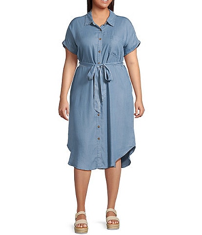 Perch By Blu Pepper Plus Midi Chambray Belted Button Down Midi Shirt Dress