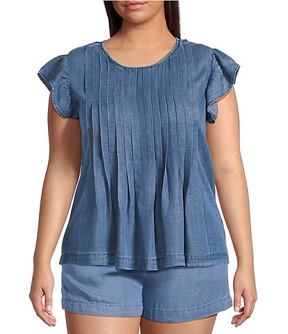 Perch by Blu Pepper Plus Round Neck Flutter Cap Sleeve Denim Top